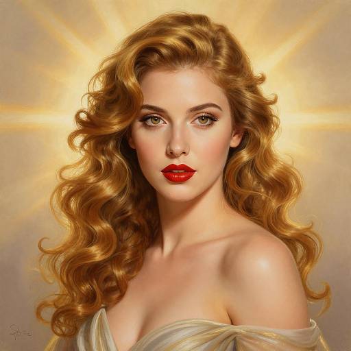 Digital portrait of a fair-skinned, red-haired woman with curly hair, red lipstick, and golden halo effect background. Art by S. J.