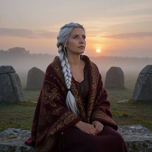 Photograph of a white woman with long silver braid, wearing a maroon medieval cloak, seated at a sunrise-lit graveyard.