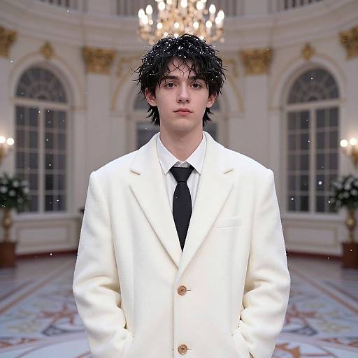 Photorealistic CGI of a young man with messy black hair, wearing a white suit and black tie, standing in an ornate, grand ballroom