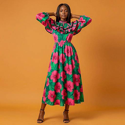 Black Woman in Vibrant Floral Puff Sleeve Dress