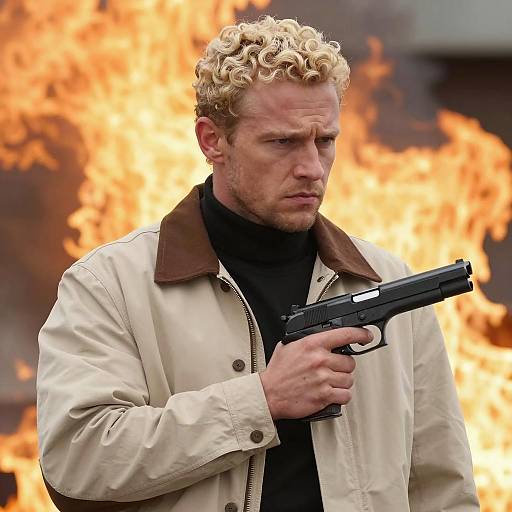 Intense Man Amidst Flames with Gun
