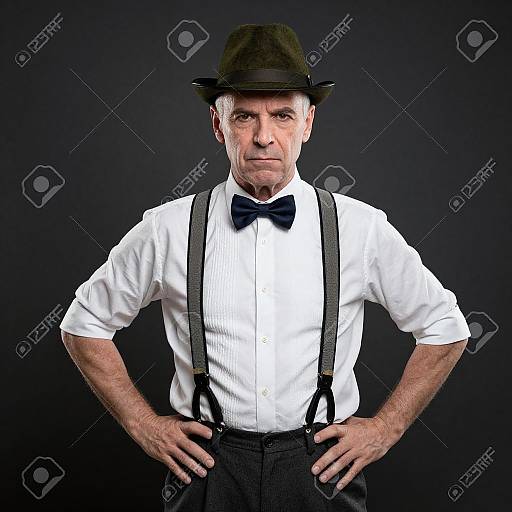Photograph of an older white man in vintage attire: black bowler hat, white shirt, dark suspenders, black bowtie, black trousers,