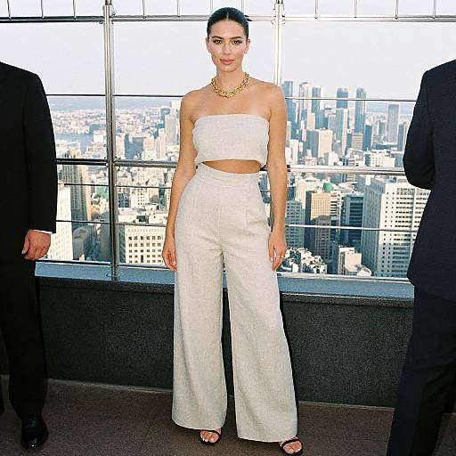 Photograph of a woman with dark hair in an updo, wearing a white strapless crop top and high-waisted wide-leg pants, standing