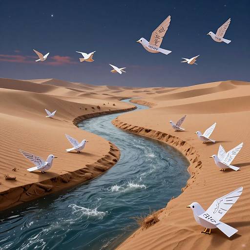 Digital artwork of white doves flying over a winding blue river through a desert landscape with golden sand dunes under a starry night sky.