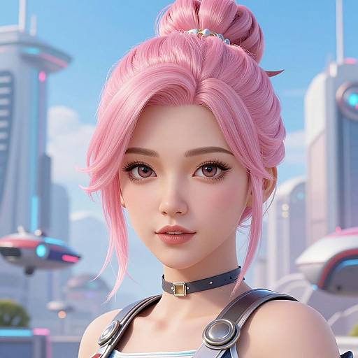 CGI portrait of a young woman with pink hair in a bun, wearing a black choker and futuristic shoulder straps, set against a bright, futuristic