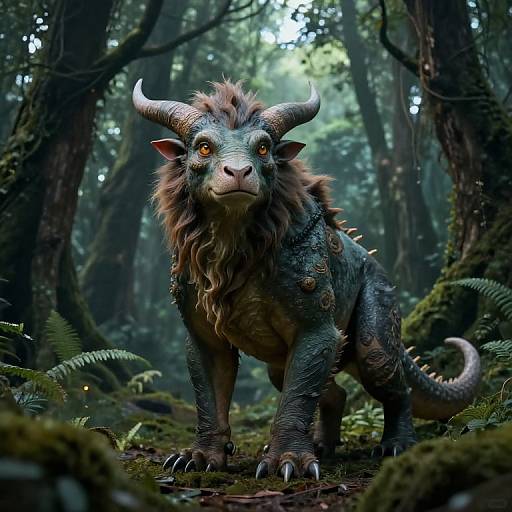 Fantastical CGI image of a menacing, horned, dragon-like creature with glowing orange eyes standing in a lush, misty forest.