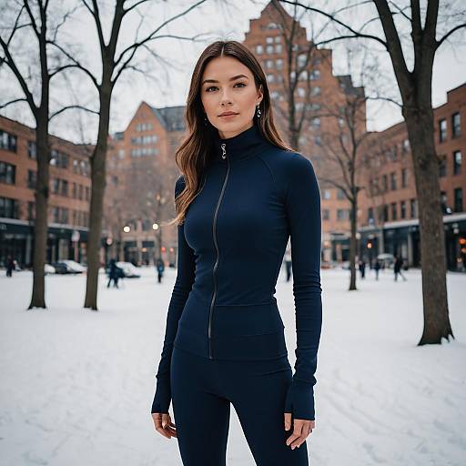 Woman in Navy Blue Athleisure Outfit in Snowy Urban Park