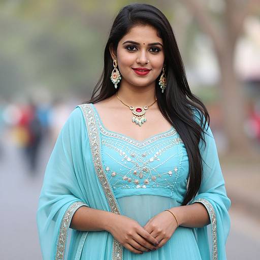 Photograph of a beautiful Indian woman with long black hair, wearing a light blue embroidered saree, gold jewelry, and red bindi, standing outdoors
