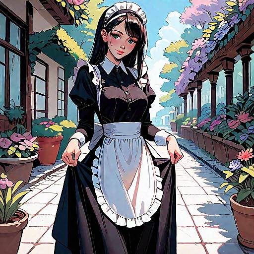 Smiling Long-Haired Maid in Garden