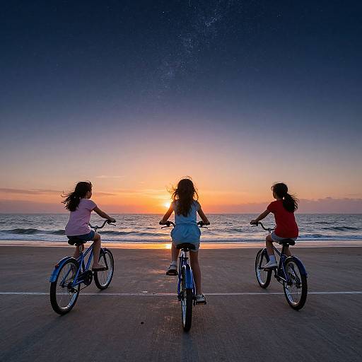 Photograph of three girls with bicycles riding on a beach at sunset, silhouetted against a vibrant orange and purple sky.