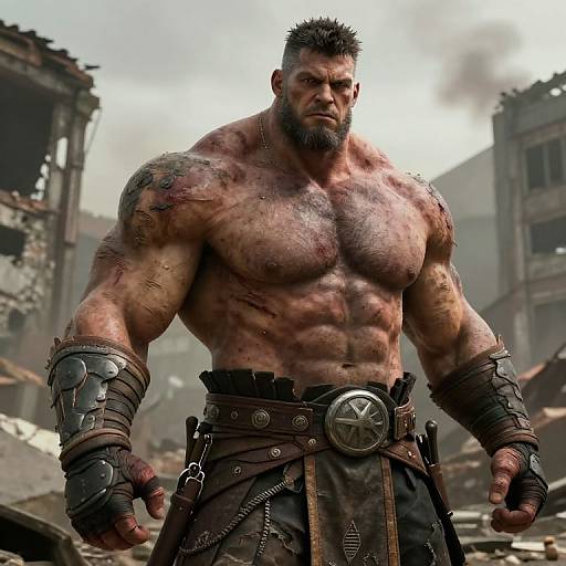 Muscular, bearded man with bloody, muscular physique, wearing leather bracers and belt with metal buckle, stands in ruined, smoky, war