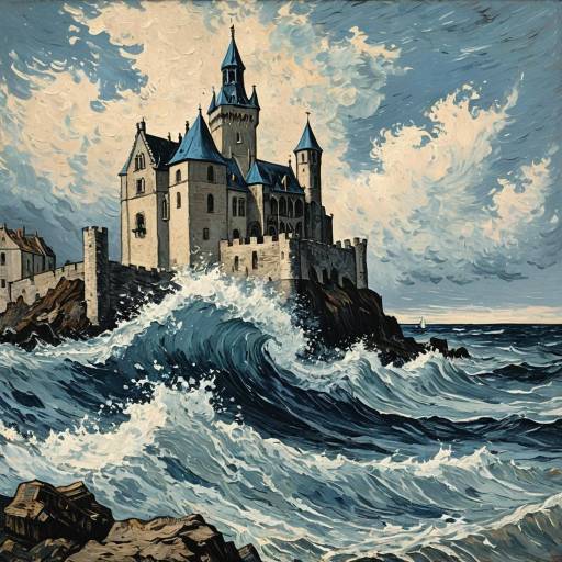Van Gogh Style Oil Painting of Medieval Castle with Crashing Waves
