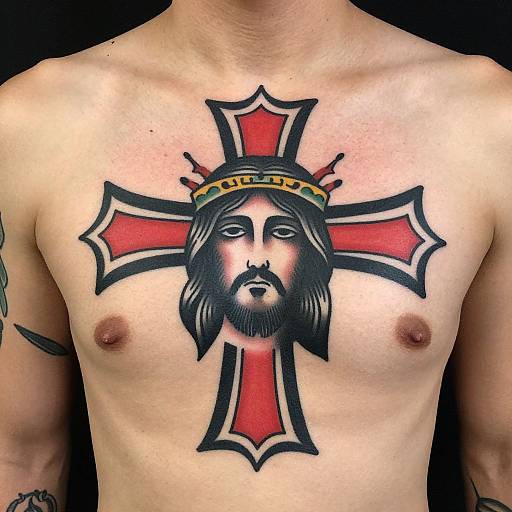 Tattooed shirtless male with a red and black cross featuring a bearded Jesus face wearing a crown, centered on his chest. Photographic