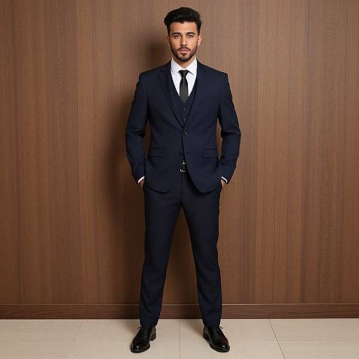Photograph of a handsome, bearded man in a dark navy suit, white shirt, and black tie, standing confidently against a brown wooden wall with