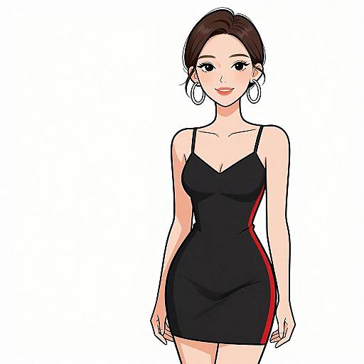Digital illustration of a smiling woman with fair skin, brown hair in a bun, wearing a tight black dress with red side stripe, and large hoop earrings