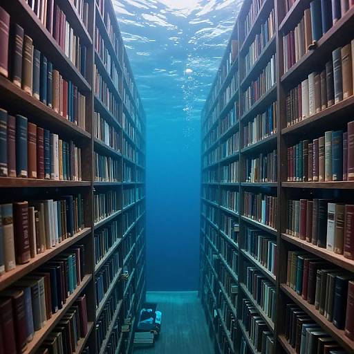 Photograph of a narrow, underwater library aisle with tall, wooden bookshelves filled with books on both sides, illuminated by blue light from above.