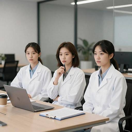 Three Women in Lab Coats Meeting