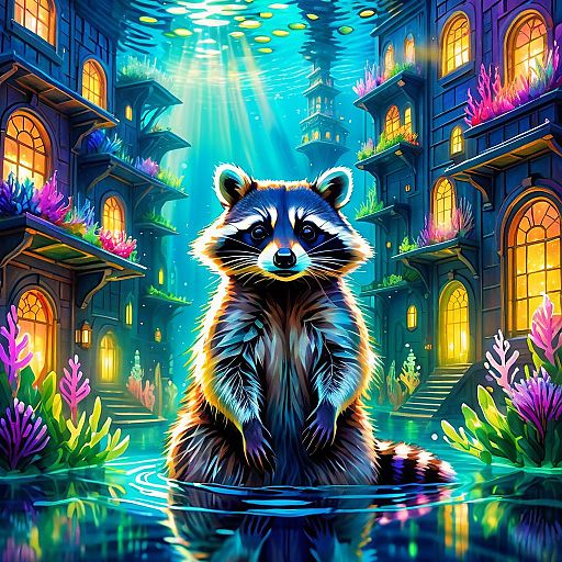 Majestic Raccoon in Underwater Impressionism
