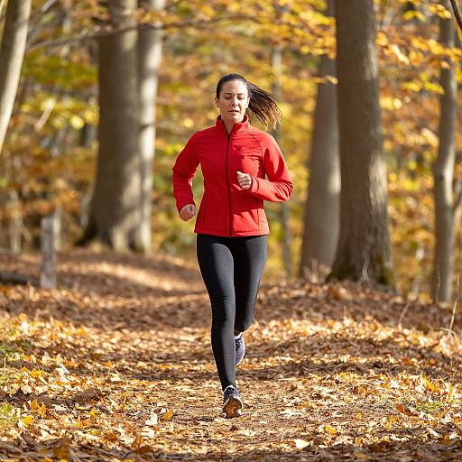 Photograph of a Black woman with long braided hair, running in a forest during autumn. She wears a red jacket, black pants, and brown