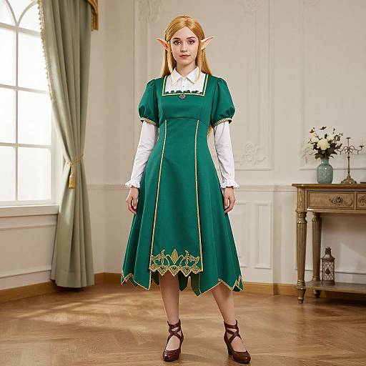 Photograph of a young woman with blonde hair and pointed elf ears, wearing a green medieval-style dress with white sleeves, standing in a bright, elegant