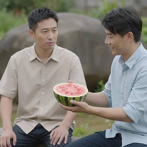 Two Asian Men Sharing Watermelon Outdoors