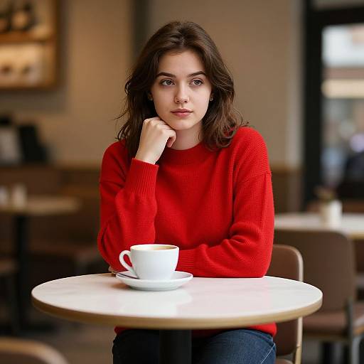 Photograph of a young woman with fair skin, brown wavy hair, wearing a bright red sweater, sitting at a café table with a white coffee