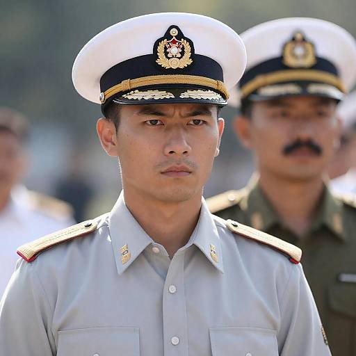 Stern Naval Officer with Background Comrade