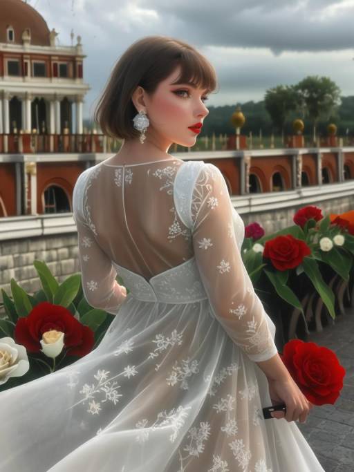 Woman in White Sheer Dress Holding Red Rose