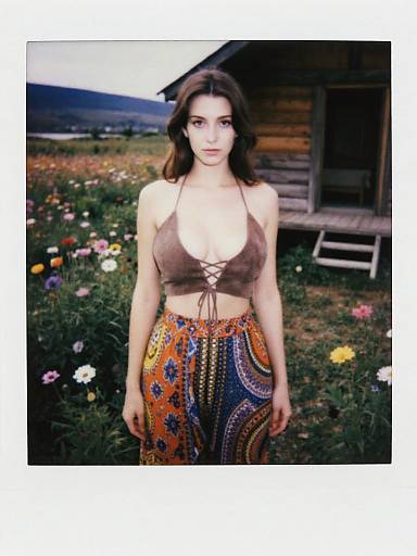 Photograph of a young woman with long brown hair, wearing a brown lace-up halter top and colorful, patterned high-waisted pants,