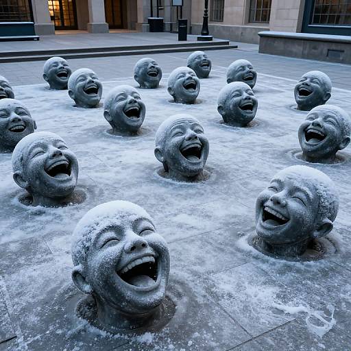 Photograph of a circular stone fountain featuring eleven laughing child heads, each with open mouths, partially submerged in water. Urban background with buildings and streetlights