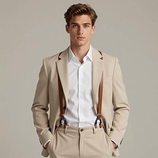 Young Man in Beige Suit with Suspenders