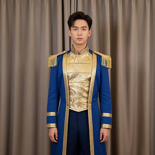 Photograph of an Asian man in a blue military-style uniform with gold epaulettes and intricate gold chest plate, standing against beige curtains.