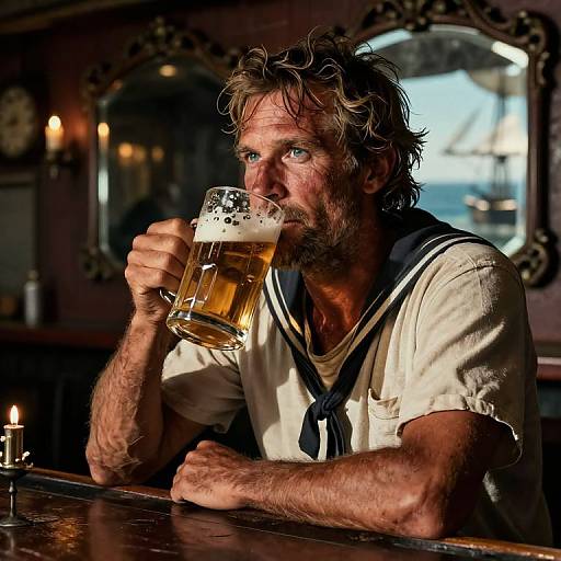 Photograph of a bearded, disheveled man in a sailor shirt, holding a foamy beer glass, sitting at a dimly lit bar