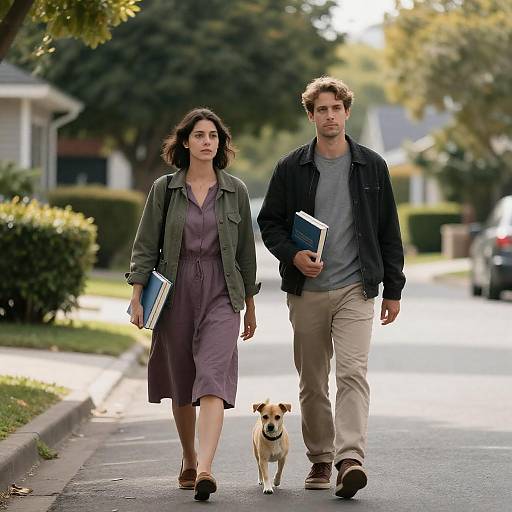 Suburban Stroll with Books and Dog