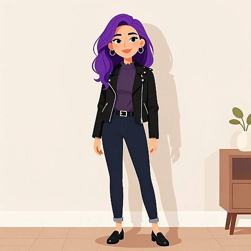 Digital illustration of a stylish woman with long purple hair, black leather jacket, black top, pants, and shoes, standing in a minimalist room with a