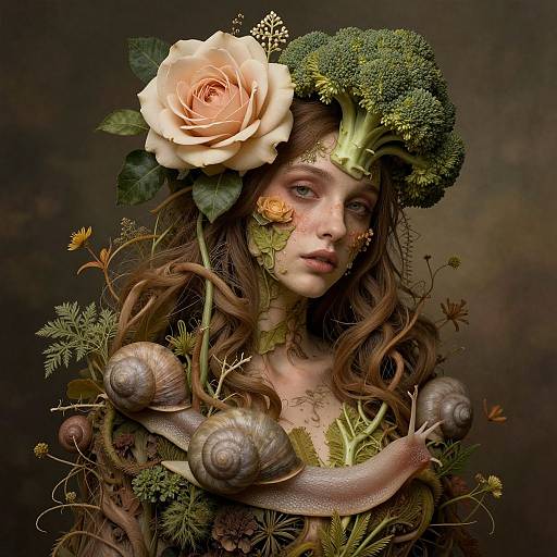 Digital artwork of a fair-skinned woman with long brown hair, wearing a floral and snail crown, surrounded by greenery and a large rose,