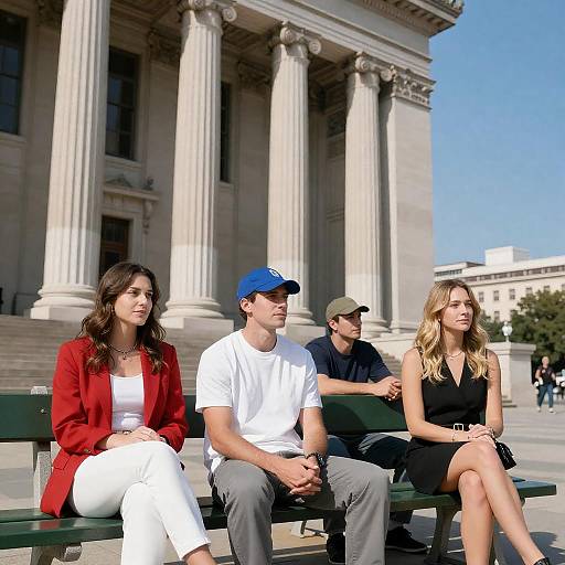 Group on Green Bench by Columns