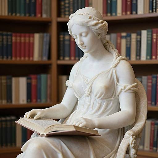 Photograph of a white marble statue of a young woman with a braid, dressed in a classical gown, reading a book in a library with wooden