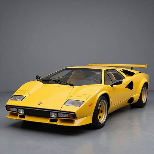 Photograph of a bright yellow, vintage Ferrari Testarossa with a large rear spoiler, black accents, and dual headlights, set against a plain gray