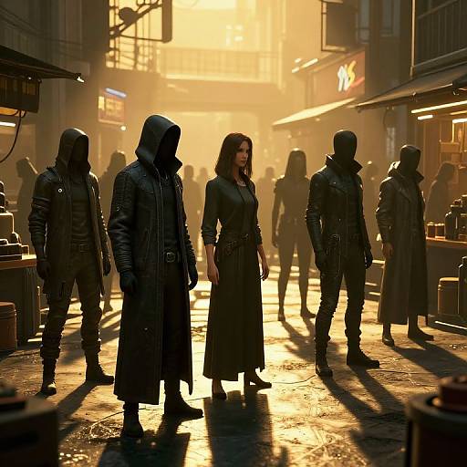 Photorealistic CGI of a sunlit, urban street scene at dusk, featuring six hooded, dark-clad figures, with a central woman standing