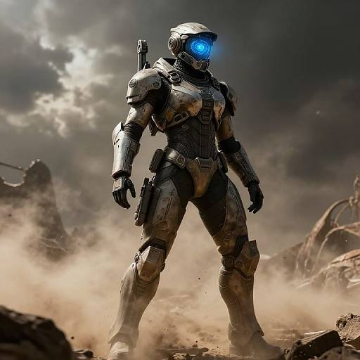 Photorealistic CGI of a futuristic, armored, glowing-blue-eyed robot standing in a dusty, post-apocalyptic battlefield with clouds and debris in the background