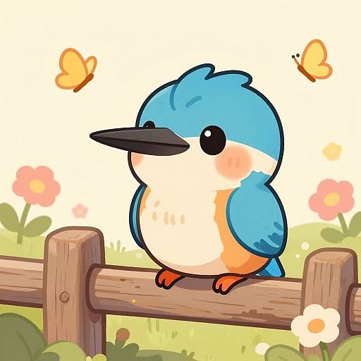 Cute, chubby blue and orange bird with a black beak perches on a wooden fence, surrounded by butterflies and flowers. Digital illustration in a