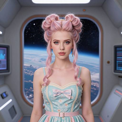 Digital artwork of a pink-haired doll with double buns, wearing a pastel blue 