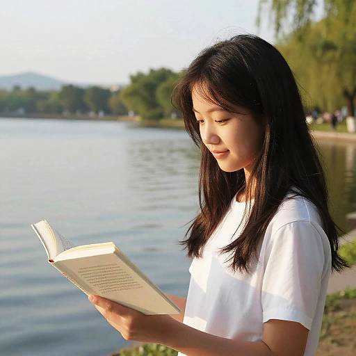 Teenage Girl Reading by Lakeside