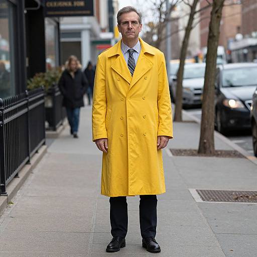 Man in Yellow Coat on Sidewalk