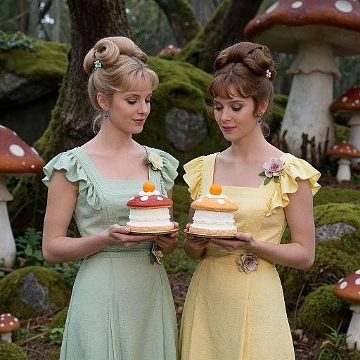 Photograph of two fair-skinned, blonde women with vintage hairstyles, wearing pastel dresses, holding mushroom-shaped cakes in a mossy forest with giant