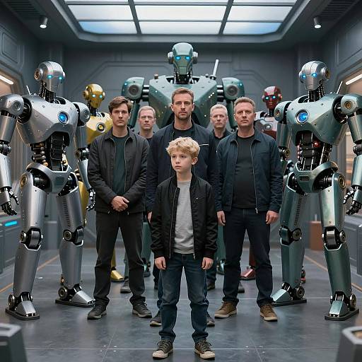 Group with humanoid robots in futuristic industrial room