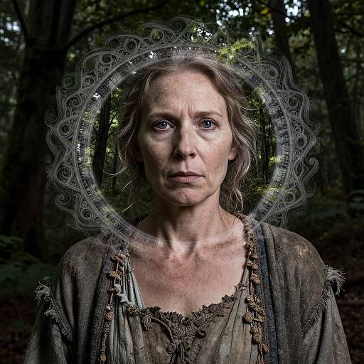 Photograph of a middle-aged woman with wavy gray hair, wearing a tattered brown dress, standing in a dark forest. Transparent, ornate