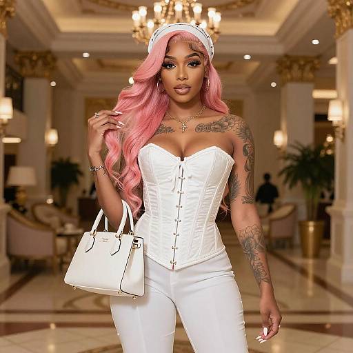 Tattooed Black Woman in Opulent Hotel