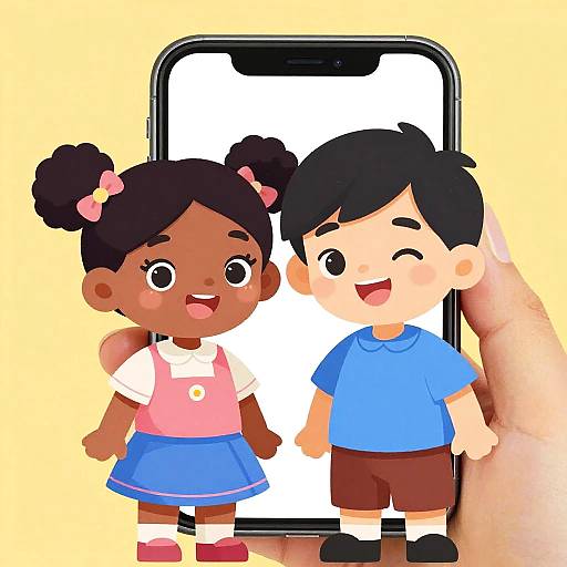 Digital illustration of a black girl and Asian boy, with pigtails and black hair, smiling in front of a smartphone. Both wear blue and pink